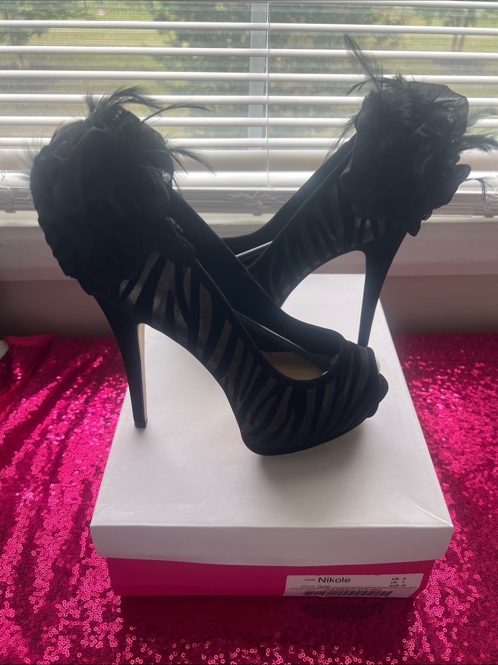 JustFab Black Zebra-Striped Feather Peep-Toe Stilettos